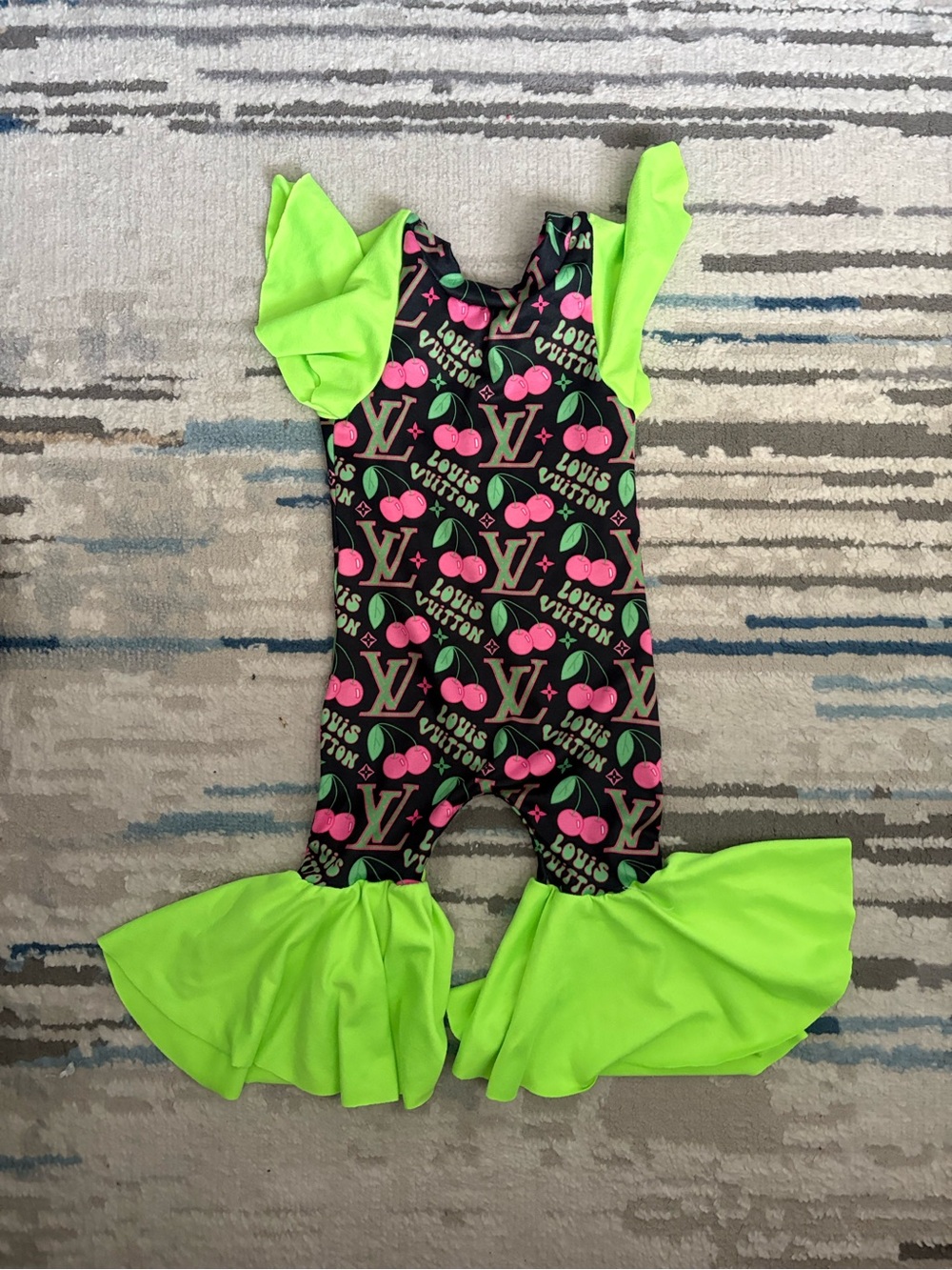 Louis Vuitton Black Romper with Neon Green & Pink Cherry Print